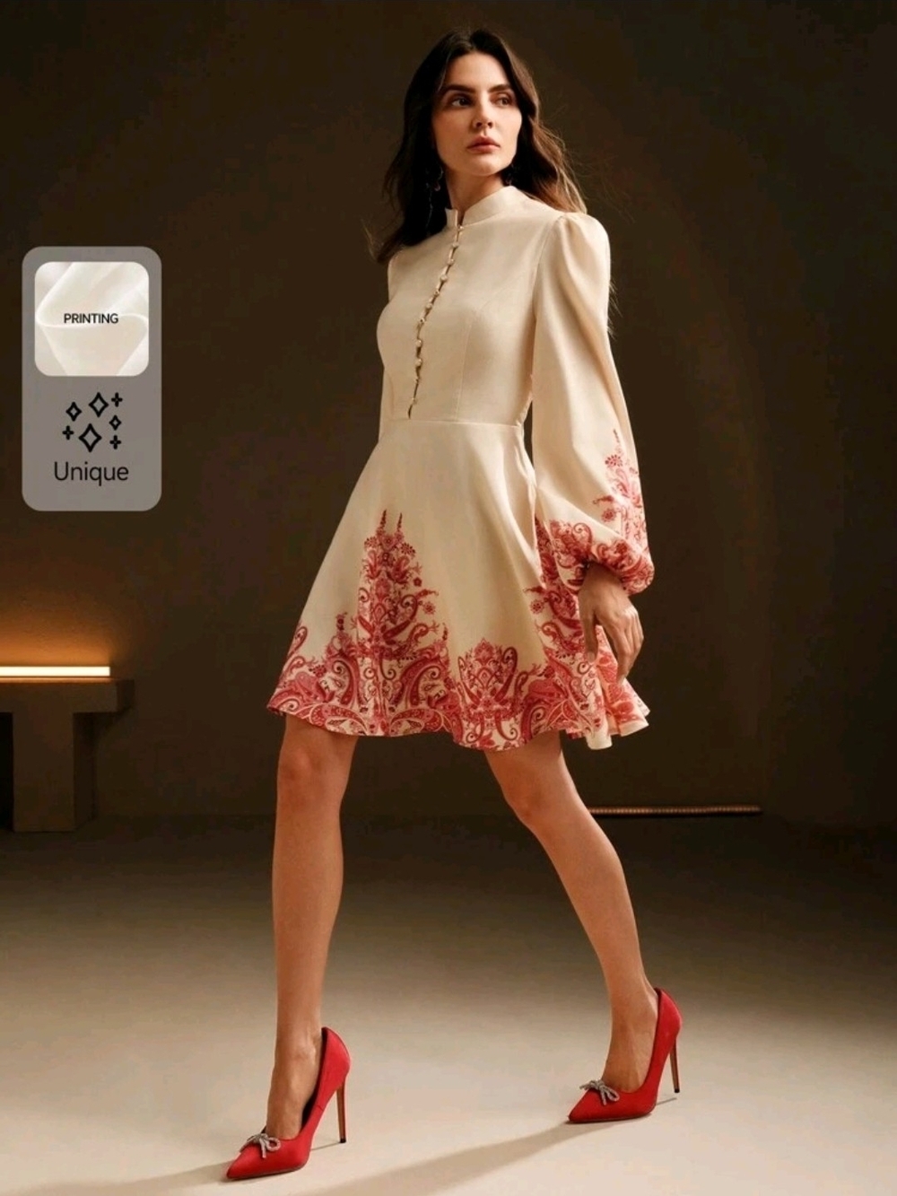 Elegant Cream Dress with Red Paisley Print